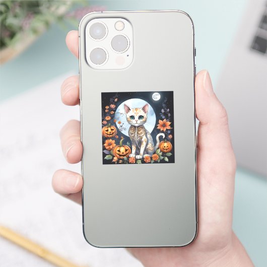 Mooie kat Halloween Bloemmaan - Whimsical Sticker (Telefoon)