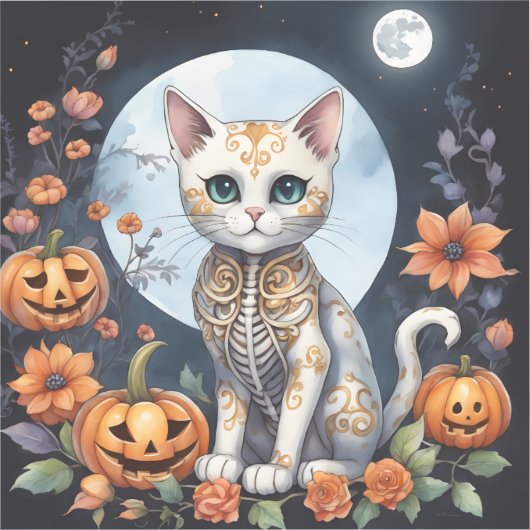 Mooie kat Halloween Bloemmaan - Whimsical Sticker (Voorkant)