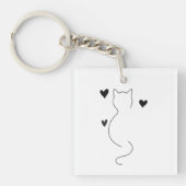 Mooie kat lijntje tekening, met drie harten sleutelhanger (voorkant)