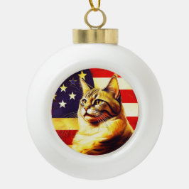 Mooie kat met Amerikaanse vlag achtergrond Keramische Bal Ornament