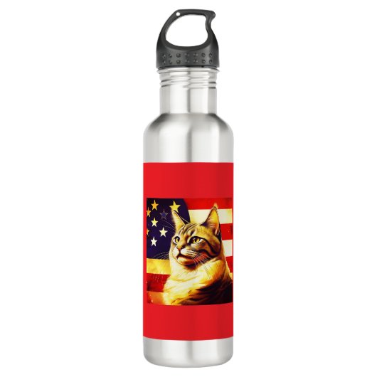 Mooie kat met Amerikaanse vlag achtergrond Waterfles (Voorkant)