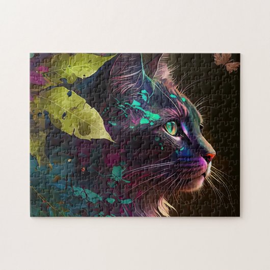 Mooie kat met bladeren - AI-kunst Legpuzzel (Horizontaal)