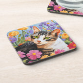 Mooie kat met bloemen bier onderzetter (Linkerzijde)