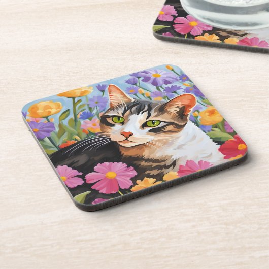 Mooie kat met bloemen bier onderzetter (Linkerzijde)