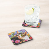 Mooie kat met bloemen bier onderzetter (Rechterzijde)