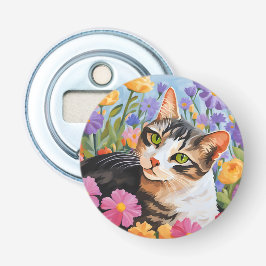 Mooie kat met bloemen button flesopener