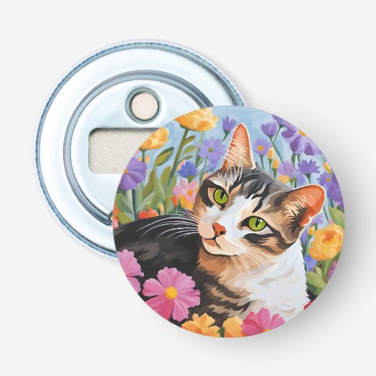 Mooie kat met bloemen button flesopener (Voorkant)