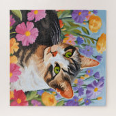 Mooie kat met bloemen legpuzzel (Horizontaal)
