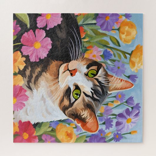 Mooie kat met bloemen legpuzzel (Horizontaal)