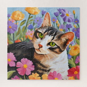 Mooie kat met bloemen legpuzzel