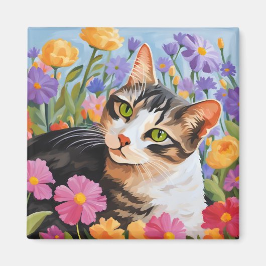 Mooie kat met bloemen magneet (Voorkant)