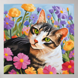 Mooie kat met bloemen poster