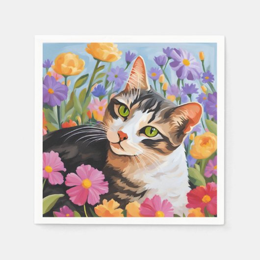 Mooie kat met bloemen servet (Voorkant)