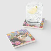 Mooie kat met bloemen stenen onderzetter (Zijkant)