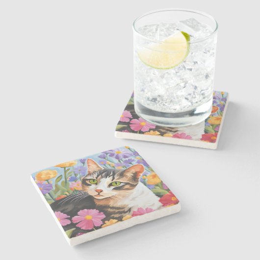 Mooie kat met bloemen stenen onderzetter (Zijkant)