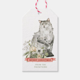 Mooie kat met bloemen | Vrolijk kerstfeest Cadeaulabel