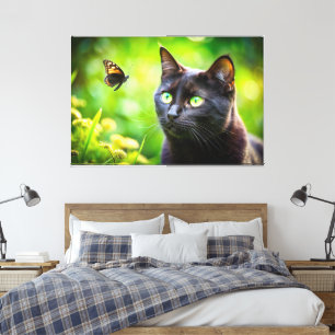 Mooie kat met prachtige vlinder afbeelding natuur- canvas afdruk