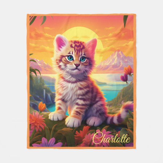 Mooie kat met zonsondergang fleece deken (Voorkant)