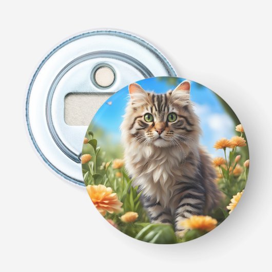 Mooie kat mooie tuin button flesopener (Voorkant)