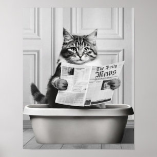 Mooie kat muur kunst, zwart-wit kleine badkamer poster