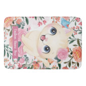 Mooie Kat Roze Rozen Blos Bloemen Aangepaste Naam Badmat (Voorkant)