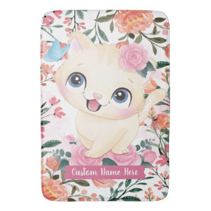 Mooie Kat Roze Rozen Blos Bloemen Aangepaste Naam Badmat