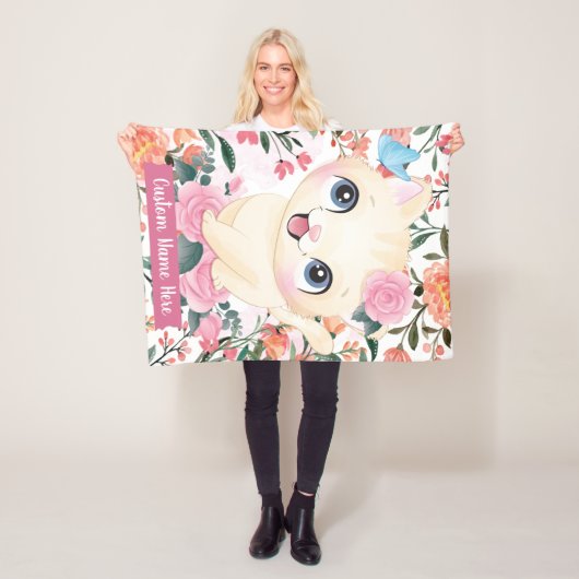Mooie Kat Roze Rozen Blos Bloemen Aangepaste Naam Fleece Deken (In situ)