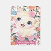 Mooie Kat Roze Rozen Blos Bloemen Aangepaste Naam Fleece Deken (Voorkant)