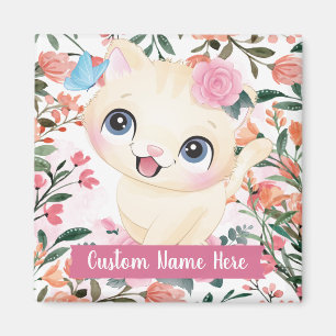 Mooie Kat Roze Rozen Blos Bloemen Aangepaste Naam Magneet