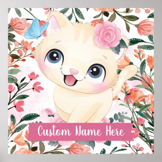 Mooie Kat Roze Rozen Blos Bloemen Aangepaste Naam Poster (Voorkant)