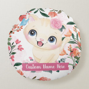 Mooie Kat Roze Rozen Blos Bloemen Aangepaste Naam Rond Kussen