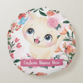 Mooie Kat Roze Rozen Blos Bloemen Aangepaste Naam Rond Kussen (Achterkant)