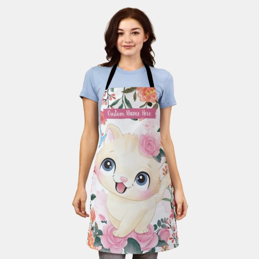Mooie Kat Roze Rozen Blos Bloemen Aangepaste Naam Schort (Gedragen)