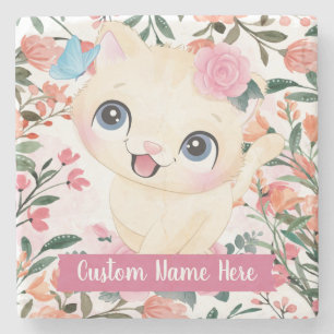Mooie Kat Roze Rozen Blos Bloemen Aangepaste Naam Stenen Onderzetter