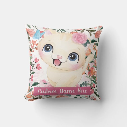 Mooie Kat Roze Rozen Blosende Bloemen Aangepaste N Kussen (Voorkant)