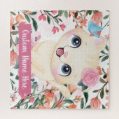 Mooie Kat Roze Rozen Blosende Bloemen Aangepaste N Legpuzzel (Horizontaal)