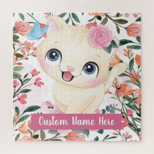 Mooie Kat Roze Rozen Blosende Bloemen Aangepaste N Legpuzzel