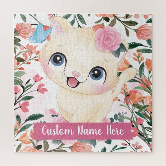 Mooie Kat Roze Rozen Blosende Bloemen Aangepaste N Legpuzzel (Verticaal)