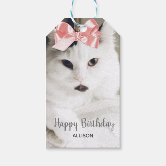 Mooie Kat Thema Verjaardag Wit Roze Custom Cadeaulabel (Voorkant)