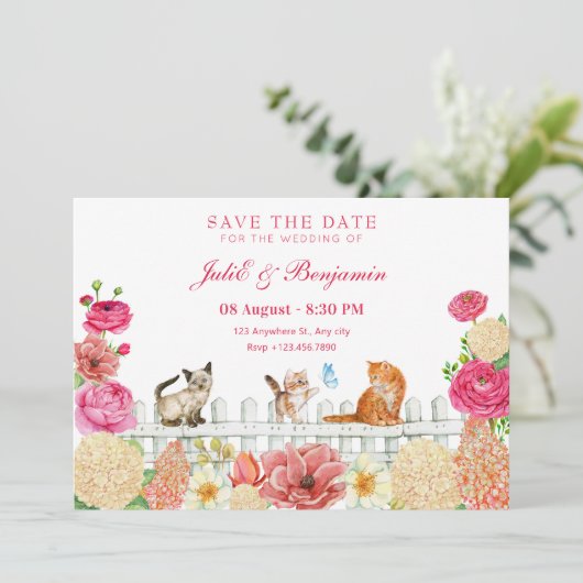 Mooie katten bloemen bruiloft save the date (Staand voorkant)