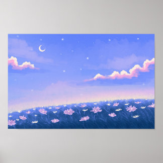 Mooie kawaii achtergrond met nachttuin poster