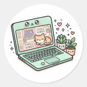 Mooie Kawaii Ontspannen Vibe Laptop Kat Potted PSt Ronde Sticker