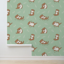 Mooie Kawaii Otter Naadloos Patroon op Saliegroen Behang