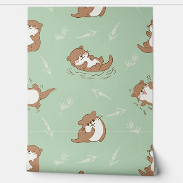 Mooie Kawaii Otter Naadloos Patroon op Saliegroen Behang