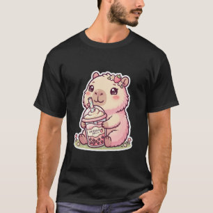 Mooie Kawaii Roze Capybara die Boba-thee drinkt T- T-shirt