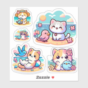 Mooie kawaii strandkat op maat gesneden vinyl stic sticker
