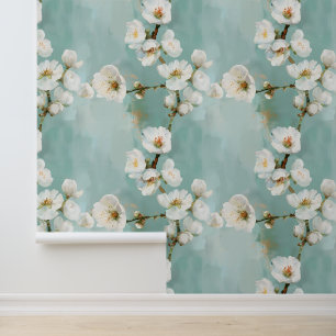 Mooie kersenbloesems op blauw groen behang