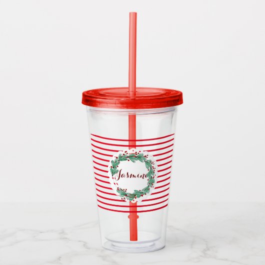 Mooie Kerst Beskrans met Aangepaste Initiaal Acryl Drinkbeker (Voorkant)