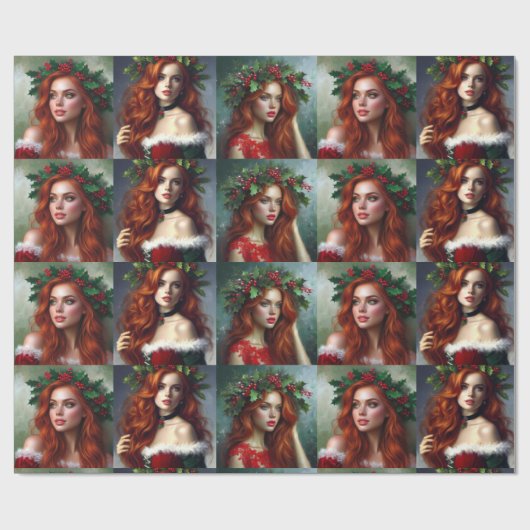 Mooie kerst dame rood en groen cadeaupapier (Vlak)