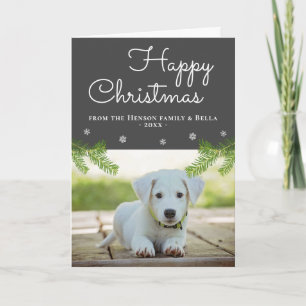 Mooie Kerst Dennentakken Sneeuwvlok Hond Foto Kaart